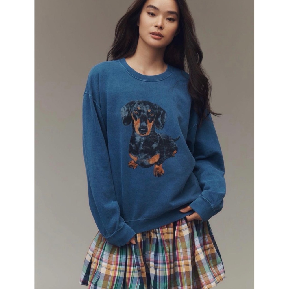 Anthropologie Dachshund Graphic Crewneck Sweatshirt Blue Dog Print Small